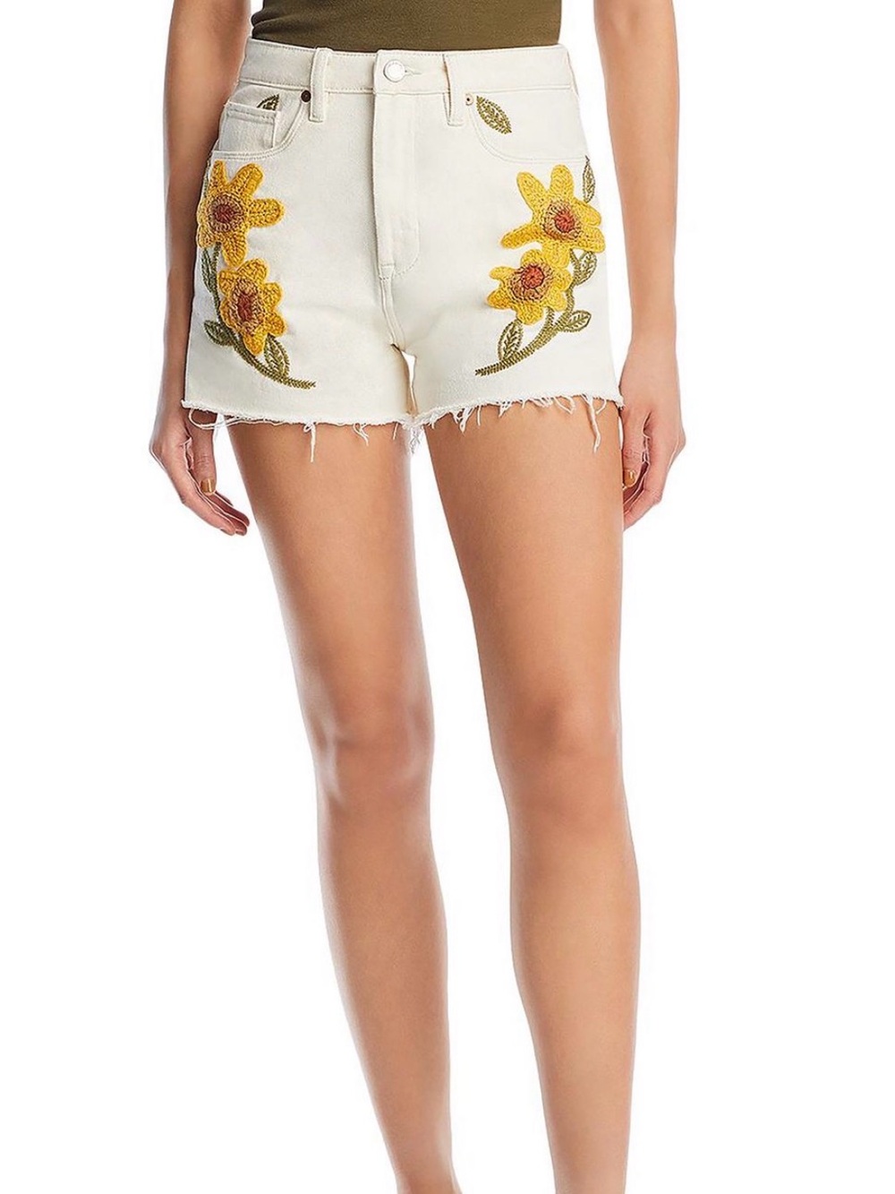 Blank NYC Cream Denim Shorts with Yellow Floral Embroidery